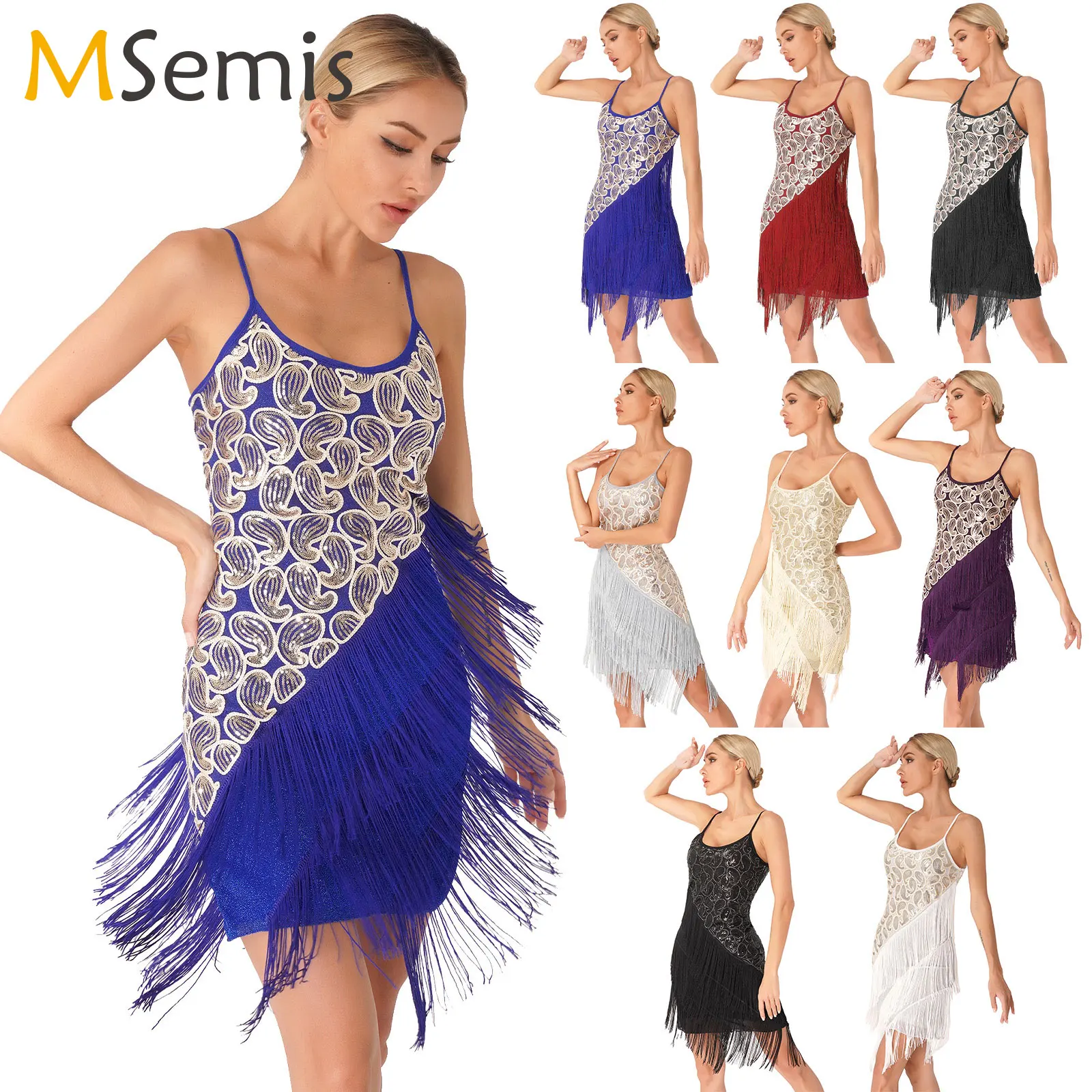 

Women Dancewear Glittery Sequin Fringed Dress Sequins Tassels Dress Fringe Femme Latin Dance Dress Samba Tango Sexy Rave Outfits