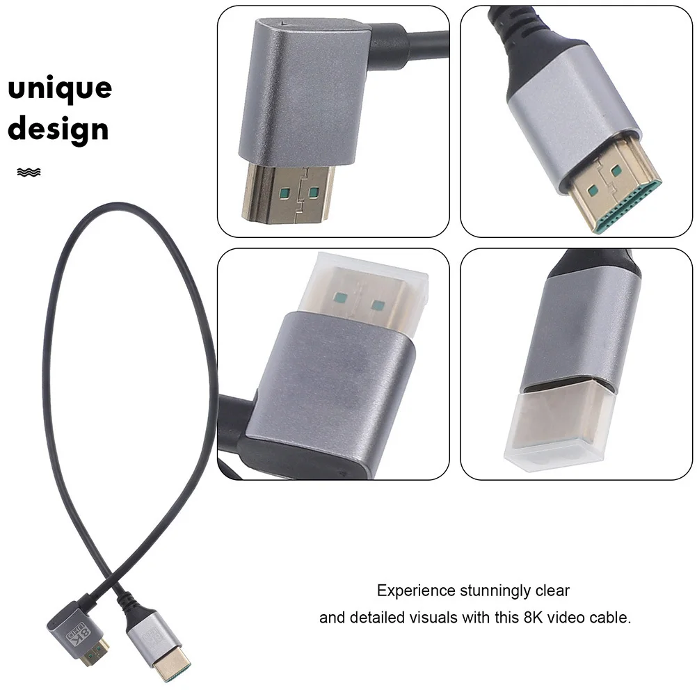Cabo de vídeo 8K ângulo reto macho para macho adaptador monitor conector durável liga de alumínio PVC cobre estanhado