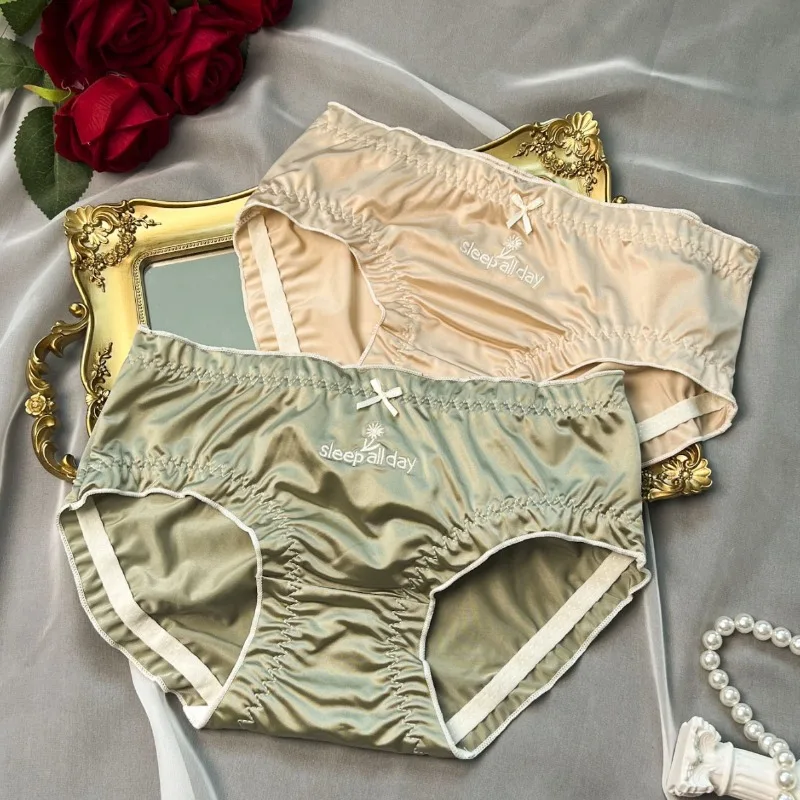 Casual Embroidery Letter Ruffles Satin Silk Panties Underpants Thin Women's Satin Ruffle Briefs Breathable Women Lingeries Girl