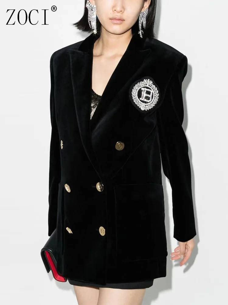

ZOCI Velour Women's Blazer Notched Collar Suit Jackets For Female Office Lady Coats Double Breasted Outerwear 2025 Spring New