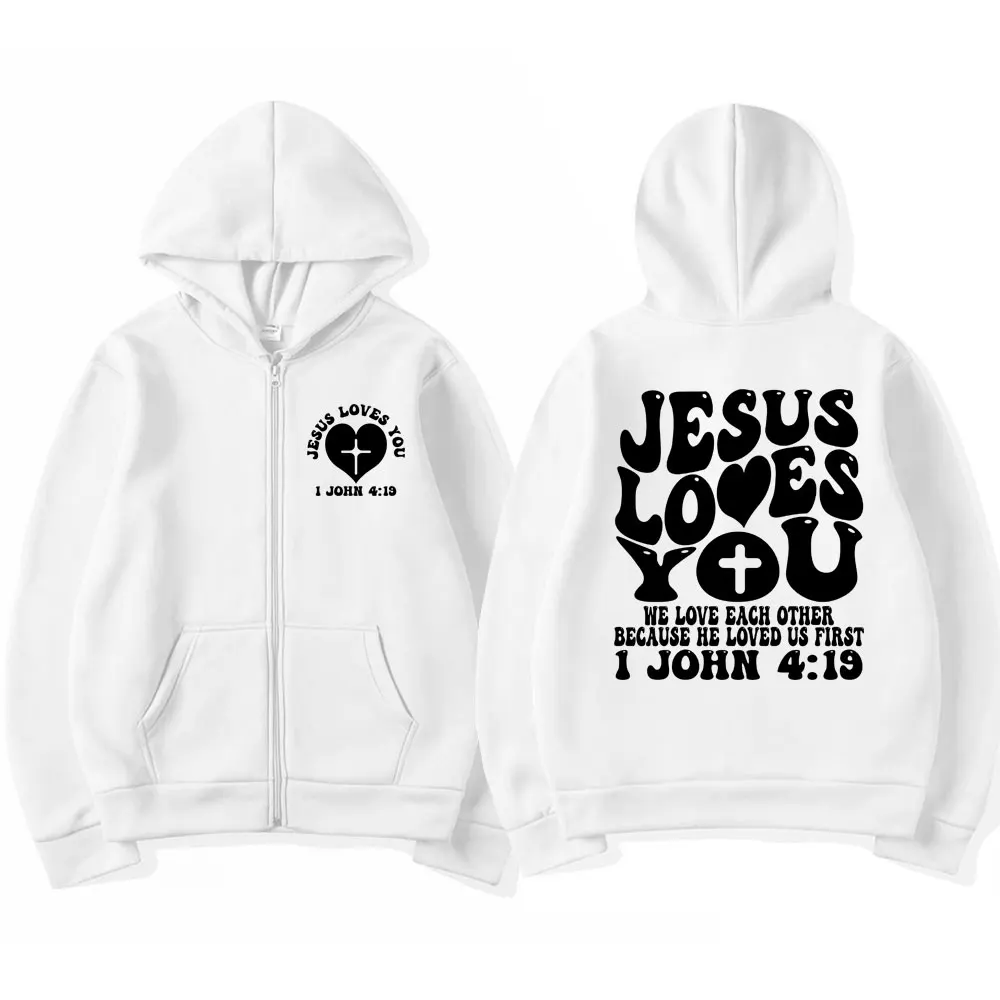 Christian Jesus Loves You Bible Verse Zipper Hoodie Men Women Fashion Harajuku Oversized Winter Popular Sweatshirt Gifts Jackets