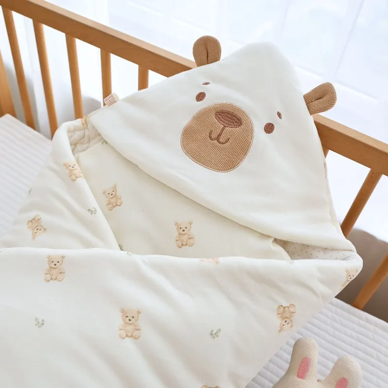 Kocyk Otulacz dla Noworodka 95*95cm Gruby Bawełniany Kreskówkowy Zimowy Otulacz dla Niemowlaka do Pokoju Porodowego na Zewnątrz Miękki Otulacz do Noszenia Prezent