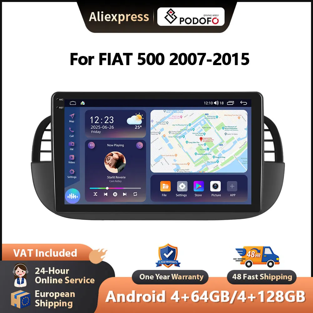 Autoradio Podofo 9 pollici per FIAT 500 2007-2015 Android CarPlay GPS WIFI FM/RDS AI Voice Car Stereo DSP EQ BT