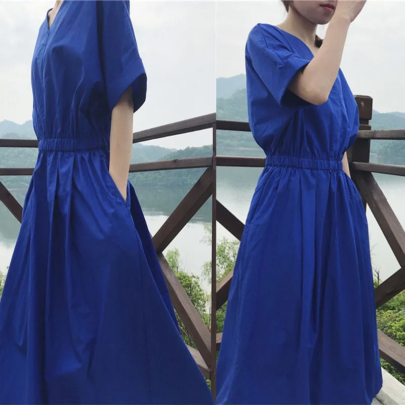 Vestido Longo de Manga Curta Azul Klein para Mulheres Verão Plus Size Ultra Longo Faionável com Cintura Ajustável Estilo Co...
