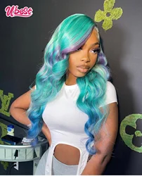 Body Wave Lake Blue Color Peruvian Human Hair Side Part Lace Front Middle Part Wig Pre Plucked Wig For 613 Women hair180 Density