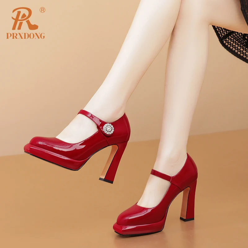 PRXDONG New Arrival Spring Summer Genuine Leather Women\'s Shoes High Heels Platform Mary Janes Dress Party Wedding Lady Pumps 39