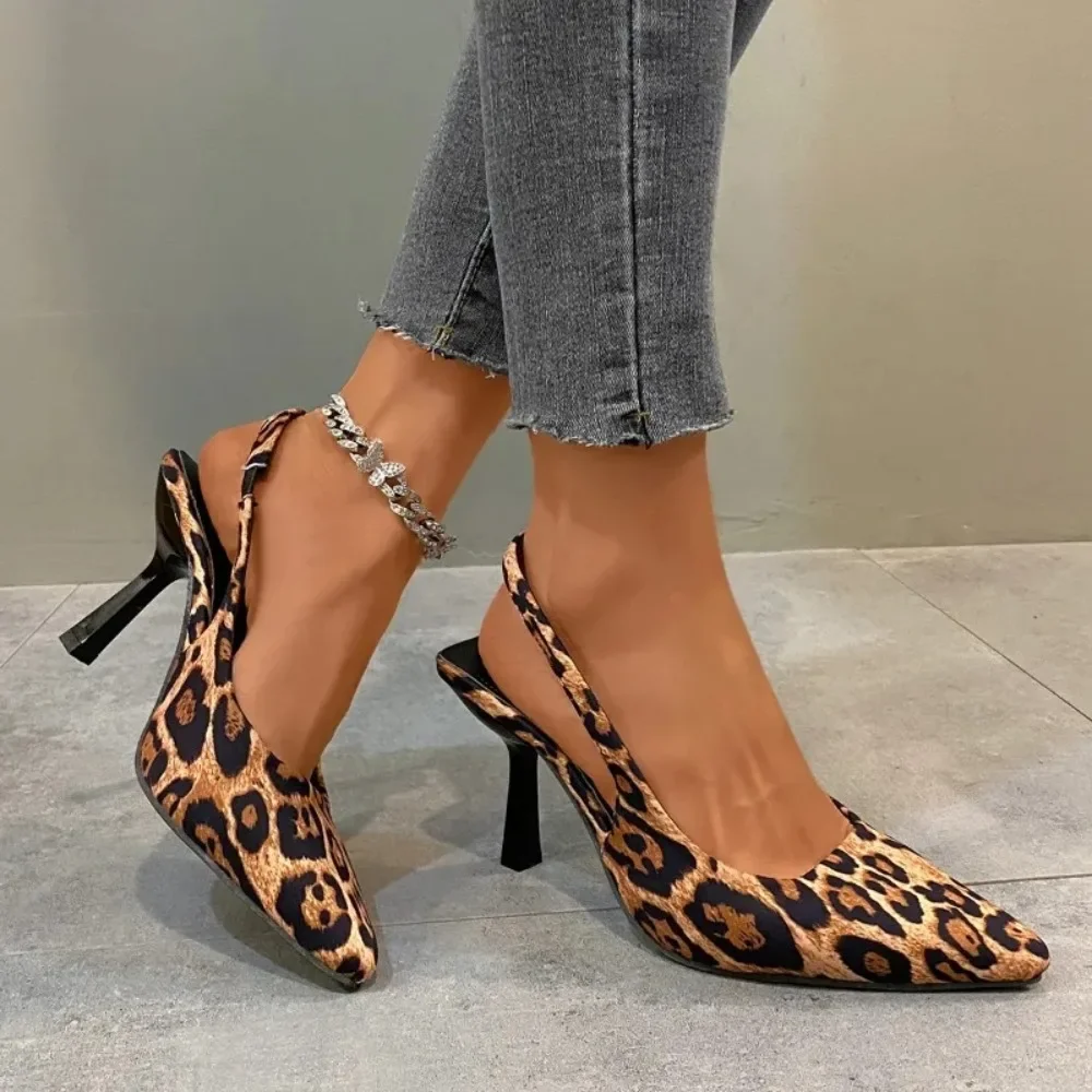 

2024 Spring New Brand Woman Slingback Shoes Fashion Leopard Print Ladies High Heels Elegant Pointed Toe Slip on Sandal Mules