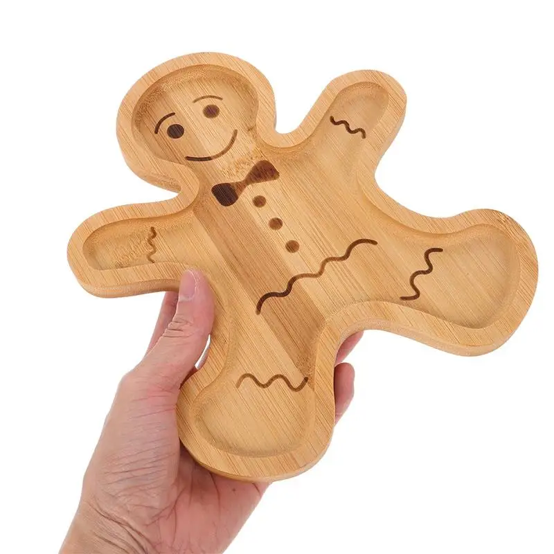 Bamboo Gingerbread Man Serving Tray Festive Holiday Treat Platter for Snacks Bread Fruit Creative Food Tray for Christmas Decor