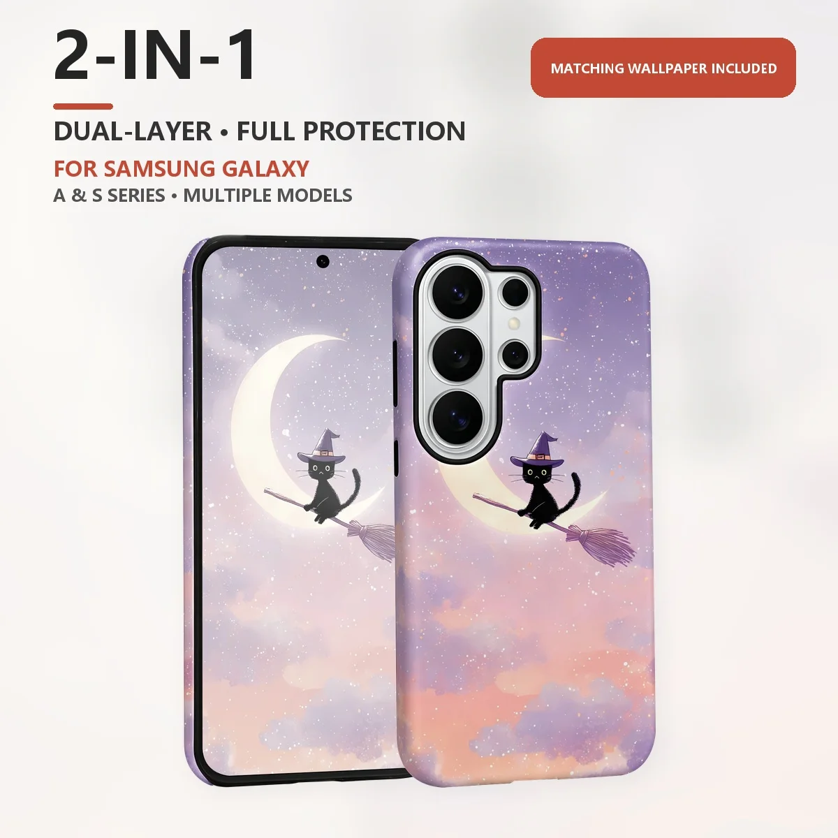 Witch Cat Broom 2-in-1 Dual-Layer Phone Case for Samsung Galaxy S26 S25 S24 S23 S22 S21 Plus Ultra FE S20 FE A56 A17 A16 A15