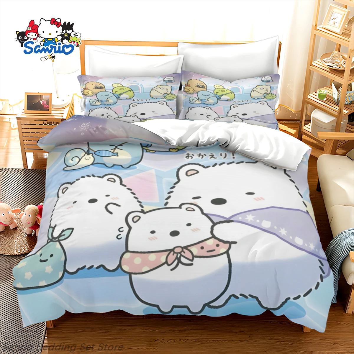 

Sanrio Sumikko Gurashi Bedding Set Kawaii Anime Duvet Cover with Pillowcases Cute Cartoon Quilt Cover for Bedroom Decor Gift