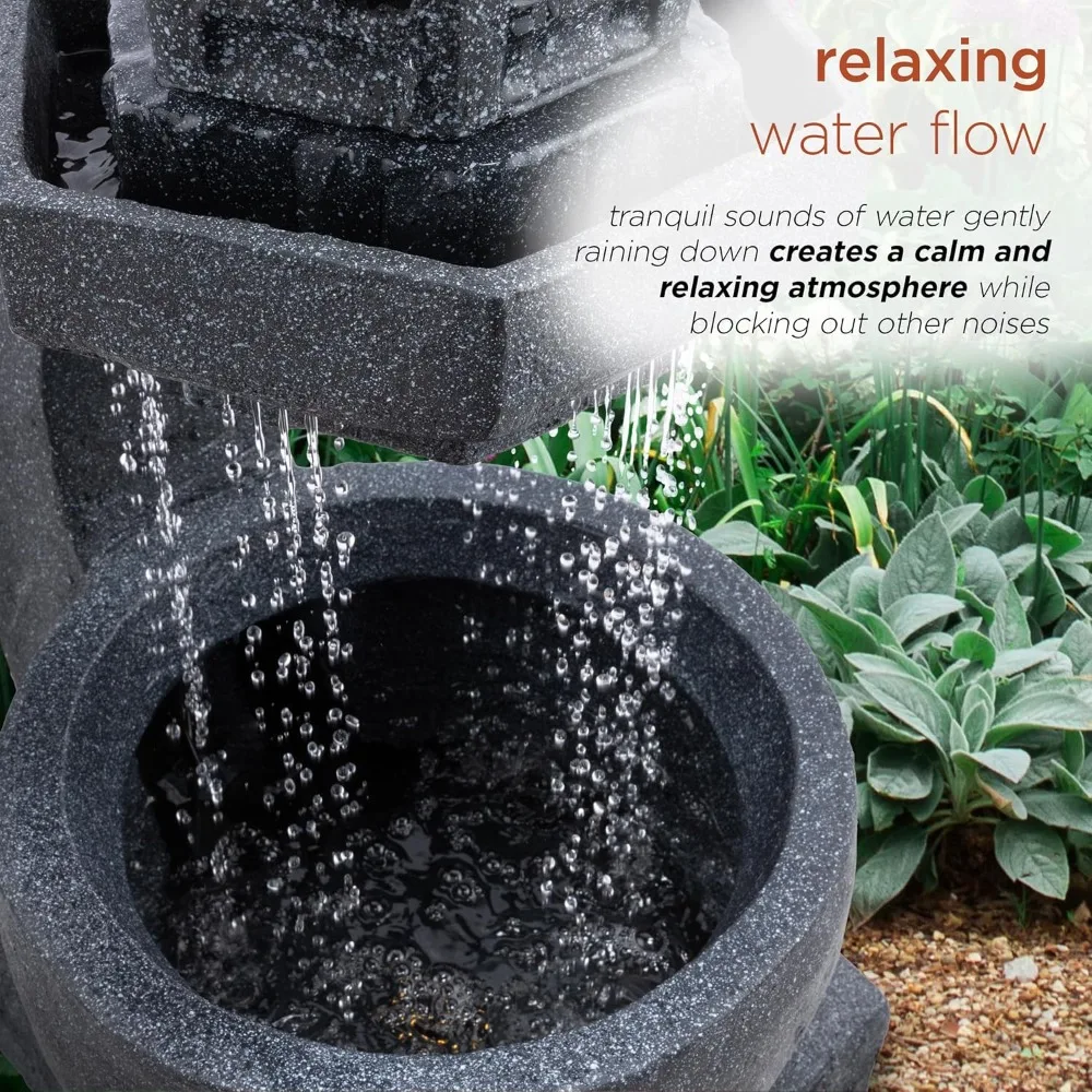 dig370 31" outdoor zen pagoda water fountain with led lights & illuminated stone bowl – tranquil garden water feature for relax