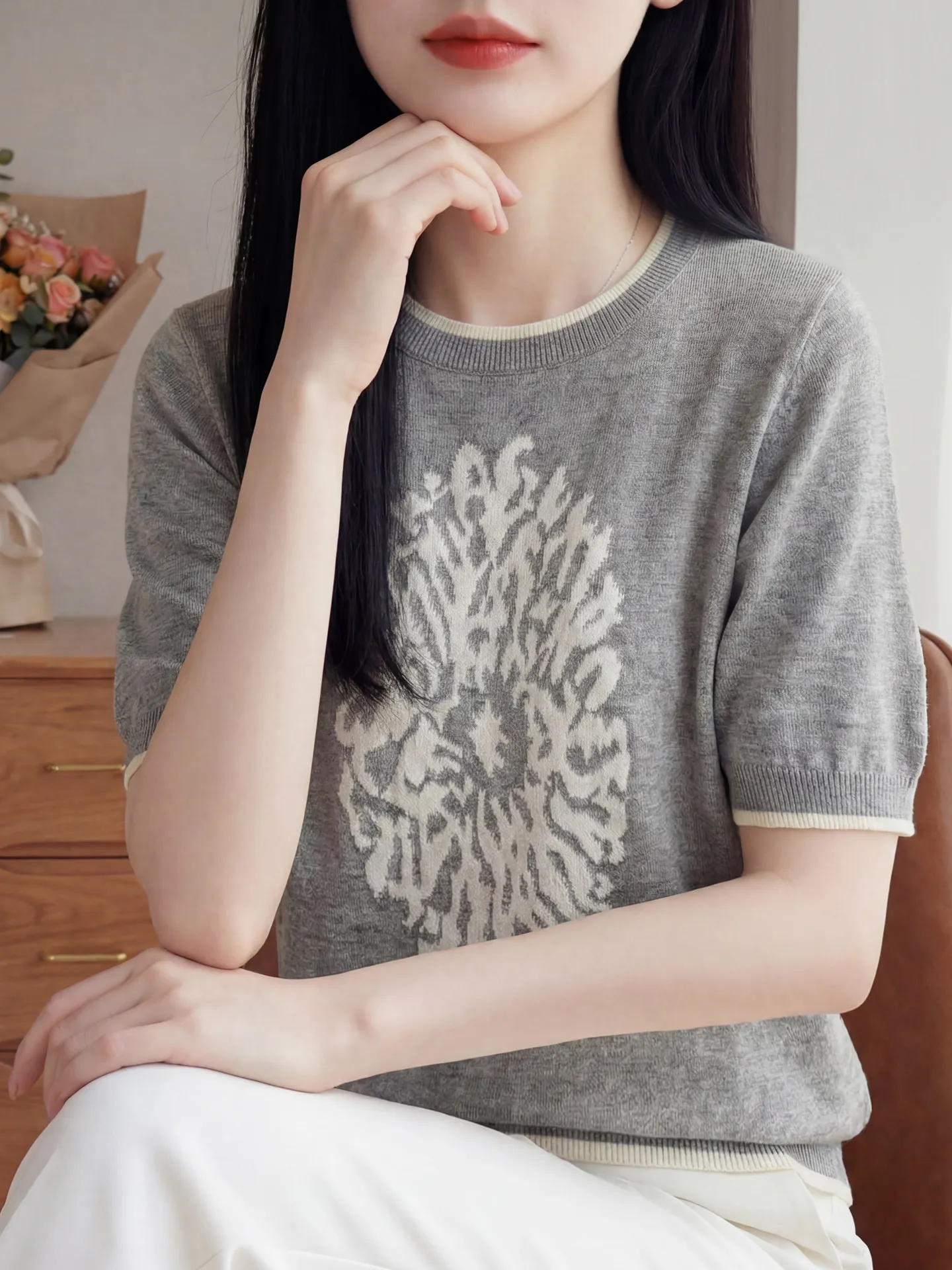 

Color Block Short Sleeve Knitted T-Shirt Women's round Neck Printed Embroidery Breathable Cool Feeling Retro Style Casual Top
