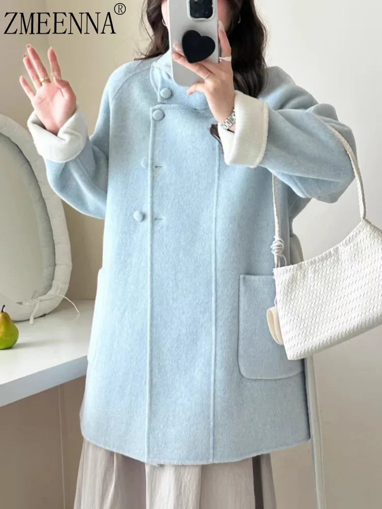 

ZMEENNA Womens Chic Light Blue Wool Blend Coat With High Collar Fluffy Cuffs And Patch Pockets Stylish Outerwear ZM3712