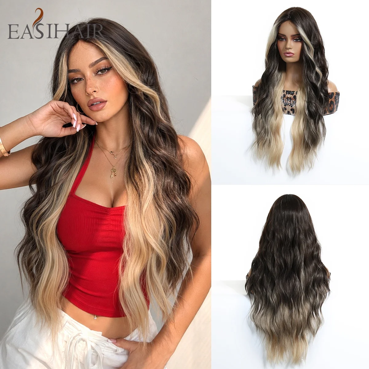 

Long Wavy Synthetic Wig Brown Blonde Ombre Heat Resistant Fiber Natural Daily Wear Party Cosplay Blonde Highlight Wig for Women