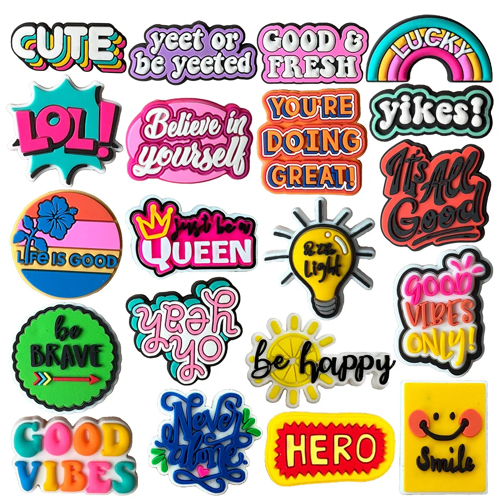 Hot 1PCS Fashion DIY Cartoon Inspirational English Phrases PVC Cute Letters Shoe Charms Decorate Accessories Girl Kid X-mas Gift