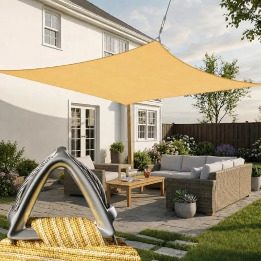 

Heavy Duty 8' x 12' Beige Sun Shade Rectangle Pro Ring Shade Sail for outdoor patio use, HDPE fabric, beige color, UPF50 protec