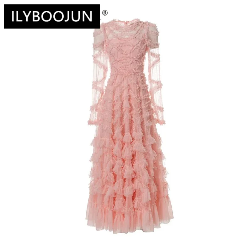 

ILYBOOJUN Summer Fashion Runway Dress Women Princess Vintage Net Yarn Polka Dot Embroidery Cascading Ruffle Temperament Dresses