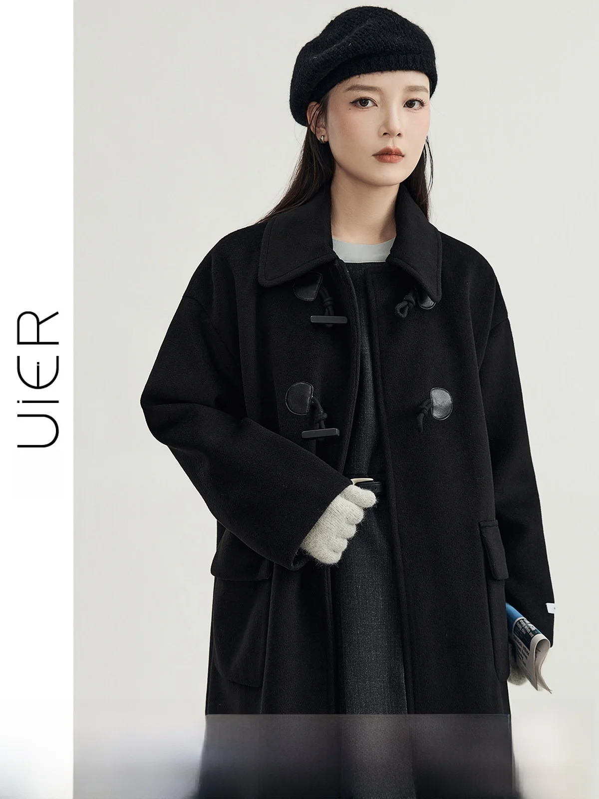

Guier Women's Woolen Coat with Horn Buttons Bla Winter Faion Retro High-End Feeling Long Sve Collar Loose Fit Coat