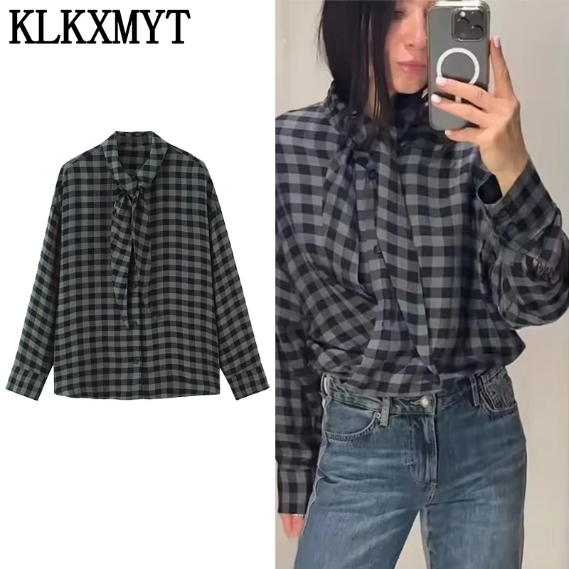 

KLKXMYT Chic Fashion Plaid Shirts for Women 2026 New Long Sleeve Bow Collar Women's Casual Simple Style Shirt And Blouse Tops