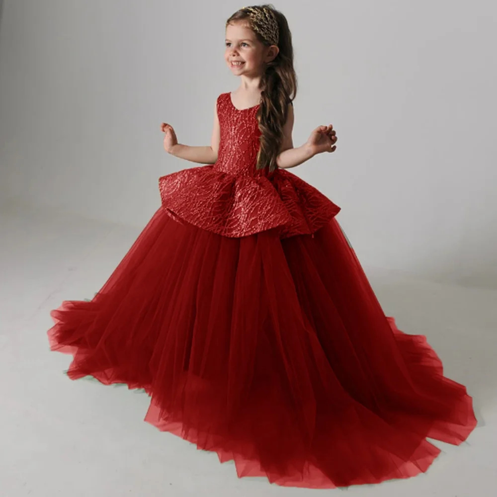 

Luxury Golden Appliques Princess Wedding Flower Girl Dress O Neck Sleeveless Pleat Floor Length First Communion Gown New