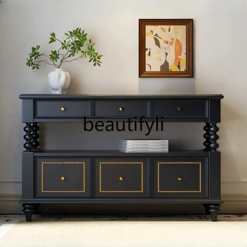 

Sideboard Solid Wood Entryway Cabinet Modern Simple Black Vintage Storage Small Apartment Decorative Cabinet