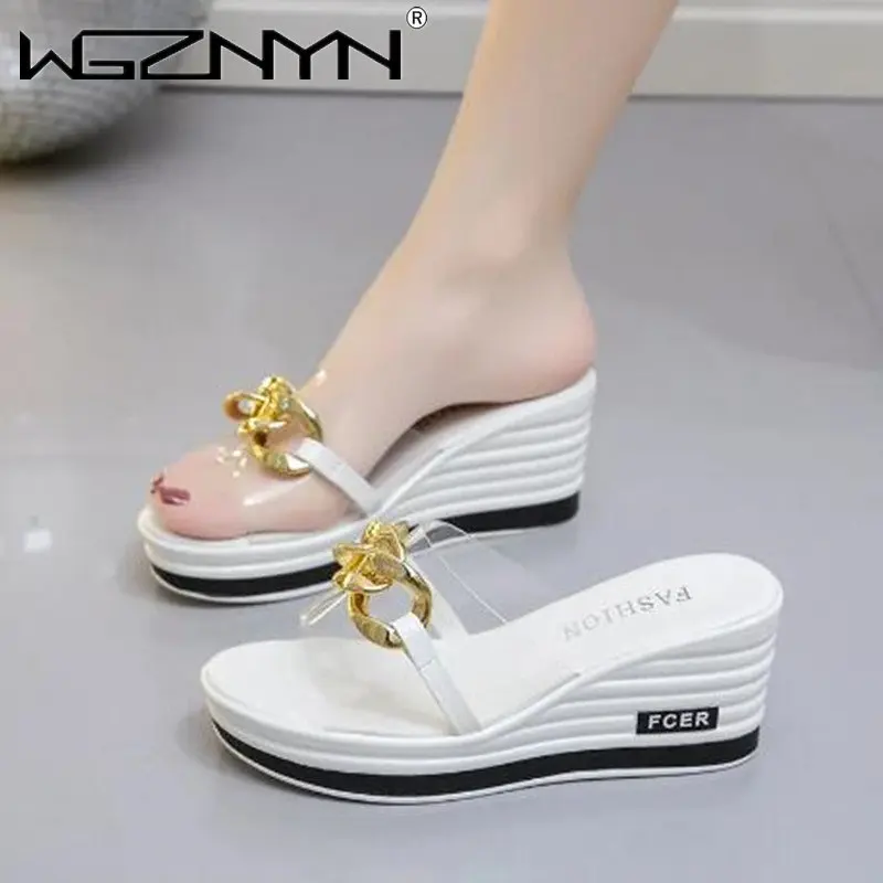 Women Wedges Mid Heels Slipper 2023 Summer New Chain Fashion Slides Transparent Sport Beach Dress Ladies Sandals Flip Flop Pumps