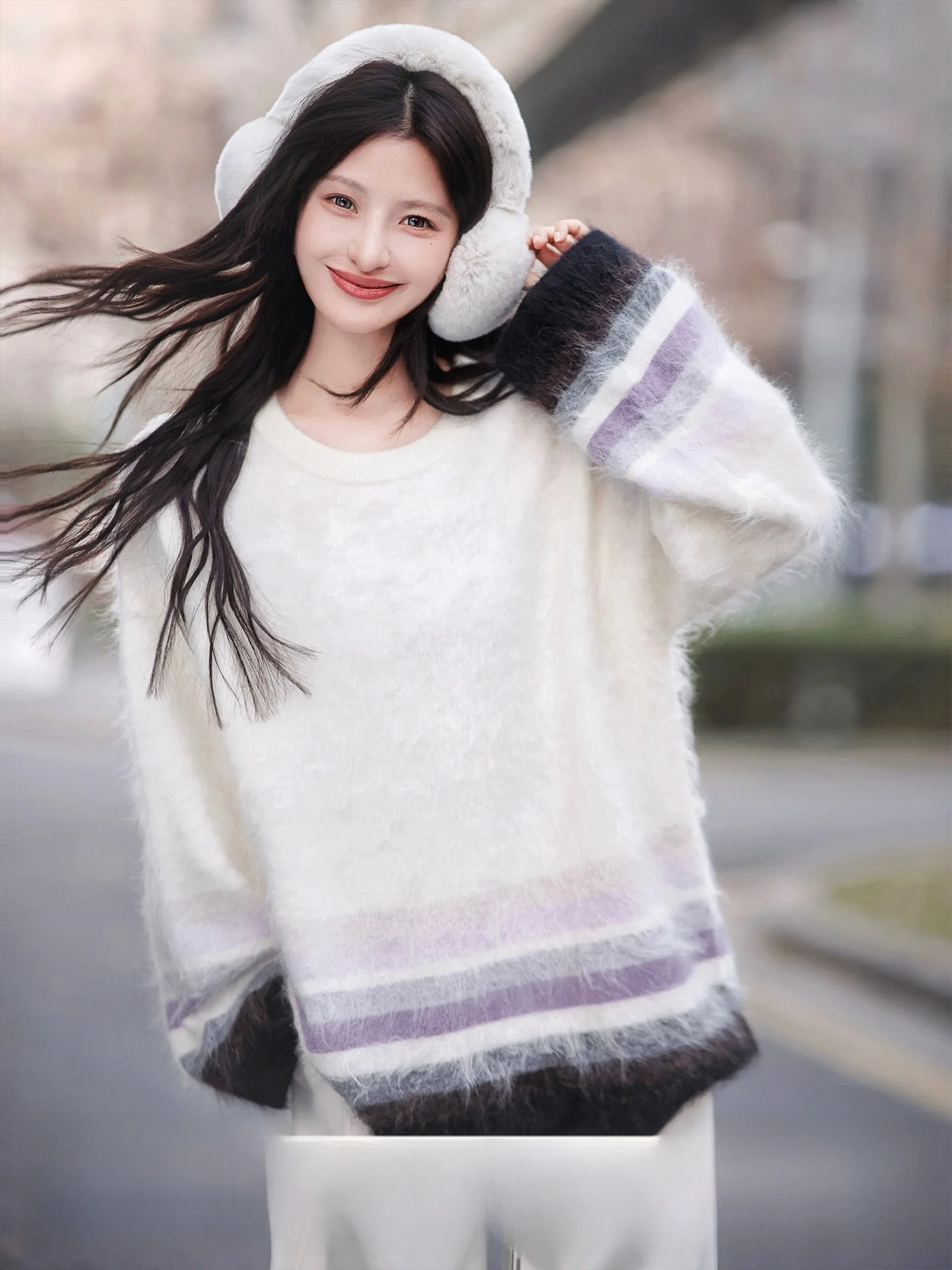 

Женский свободный свитер ZhaodaXi 00% камерафли (флис) с цветными полосками, круглым вырезом, длинный рукав, для повседневной носки