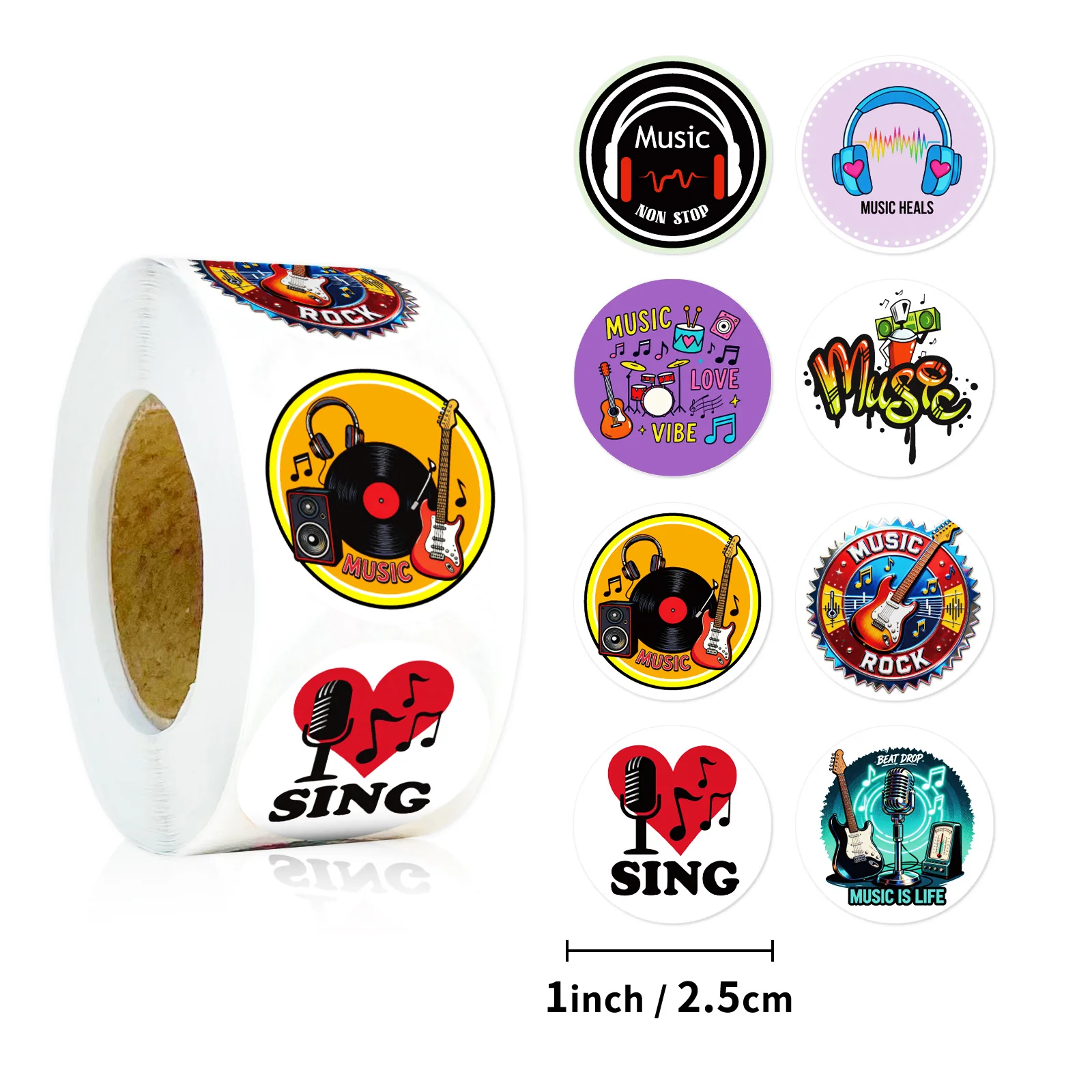 500Pcs/Roll New Trendy Music Roll Stickers 8 Different Cartoon Patterns DIY Craft Decals for Phone Case Luggage Laptop Guitar