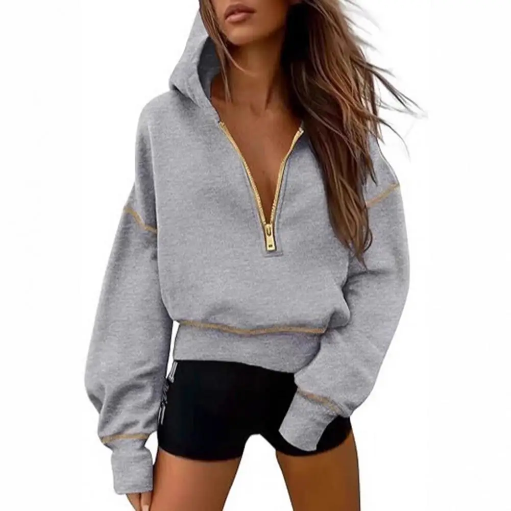 Hooded Solid Color Sweatshirt Women's Solid Color with Zipper Detail Long Sleeve Pullover Top