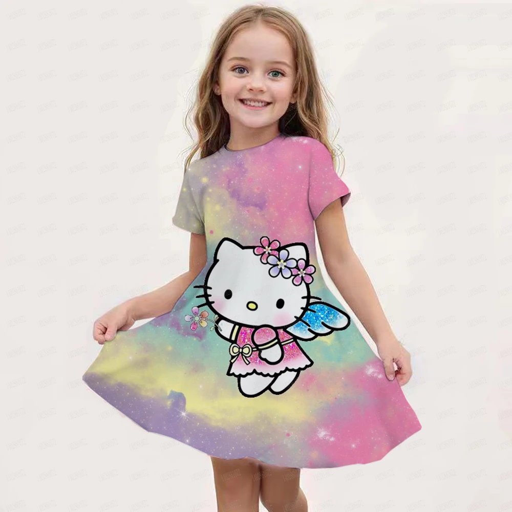 Miniso Cute Hello Kitty 3D Print Girls Short Sleeve Dress Children’s Summer Cool Clothing Soft Skirt Kids Nightgown Camping Gift