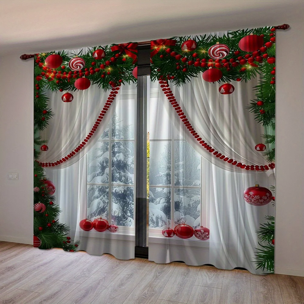 2pcs Set Red Christmas Curtains with Green Leaf, Soft Polyester, Rod Pocket Design for Living Room, Bedroom, Kitchen, And Office