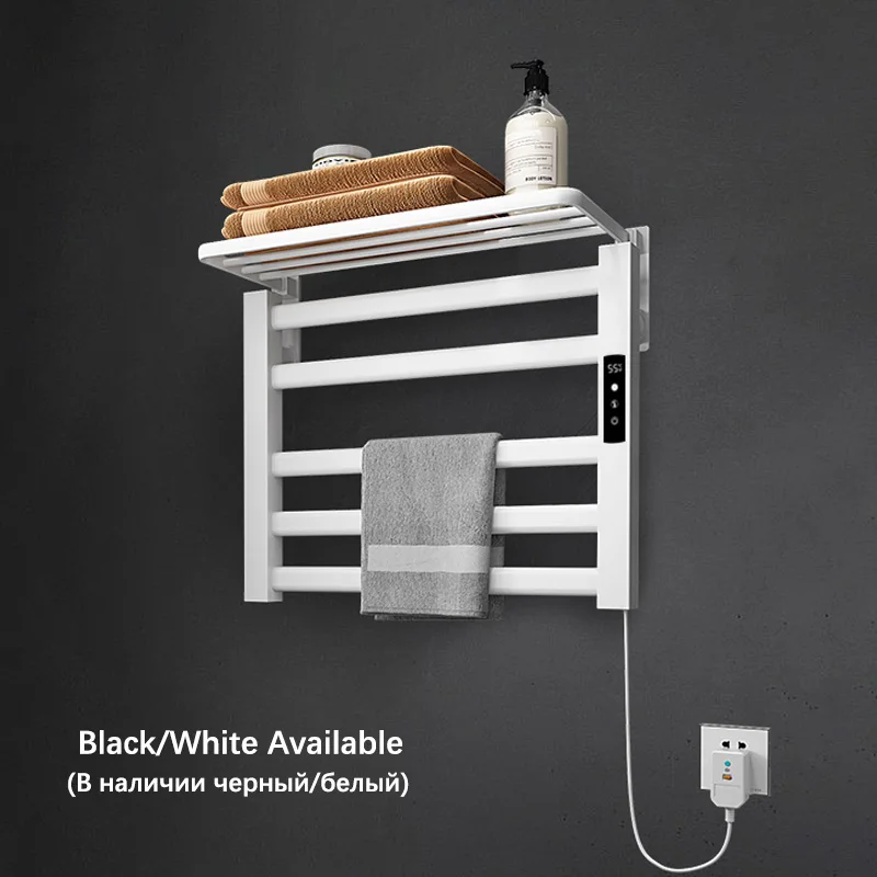 Black/White Electric Towel Rail With Foldable Top Shelf.Bathroom Towel Dryer.Digital Display Heated Towel Rack.Bath Towel Warmer