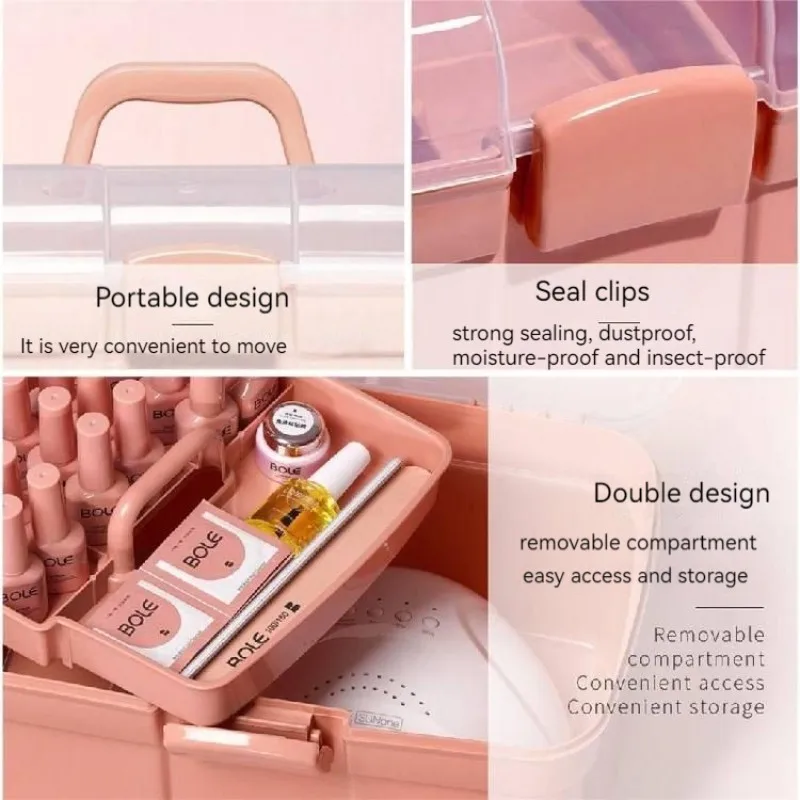 Scatola portaoggetti portatile per cosmetici contenitore chiudibile a chiave a 2 livelli con coperchio per fornitura artistica kit cosmetici per unghie cucito