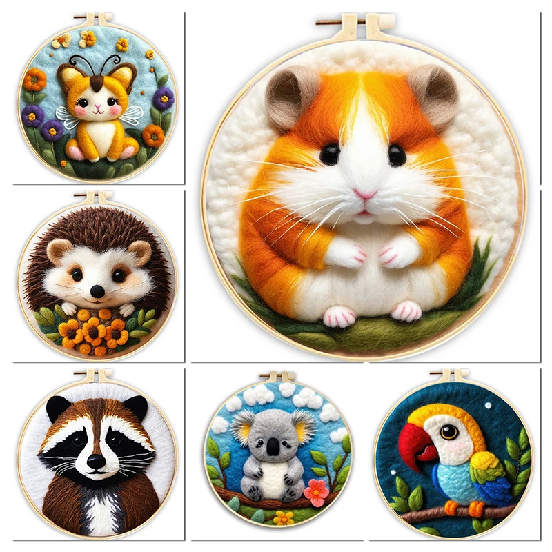 

GATYZTORY DIY Cute Animal Wool Felting Painting With Embroidery Frame Picture Needle Felting Kit Diy Creative Making Wool Felt