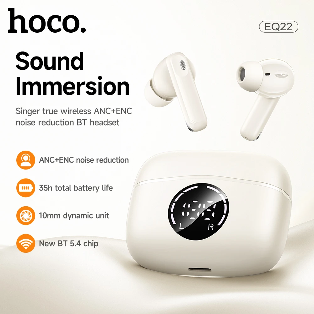 

HOCO Wireless ANC+ENC Noise Reduction Bluetooth 5.4 Earphone HiFi Audio LED Display Support Dual Connection Smart Phone Earbuds