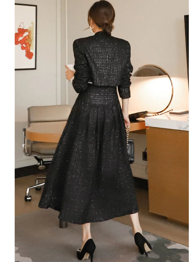 QOERLIN Autumn Winter 2 Two Piece Tweed Sets Women Short Jacket Coat High Waist A-Line Skirt Elegant Casual Outfits 2024 New