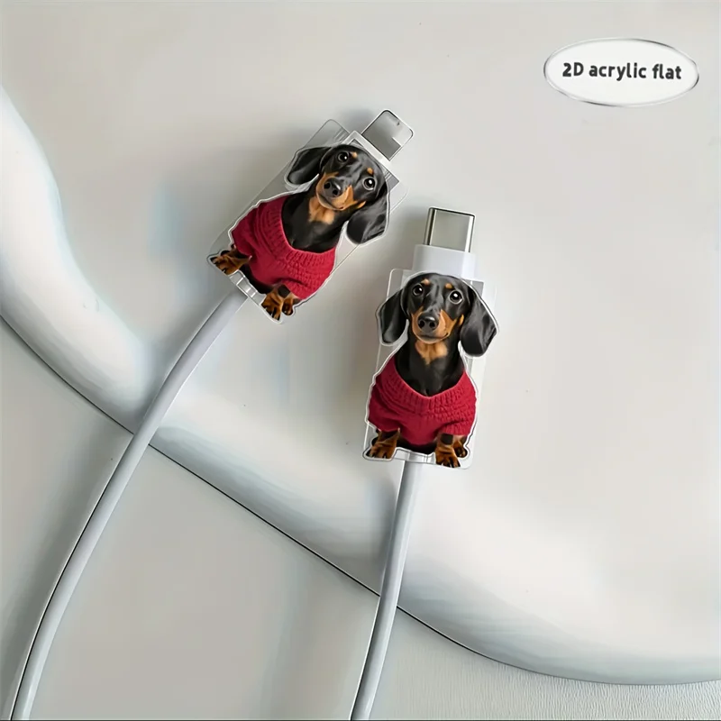 2pcs 2D Flat Dachshund Dog Pattern Cable Protector Connector Plastic Phone Charger Cord Cover For iPhone/Type-C