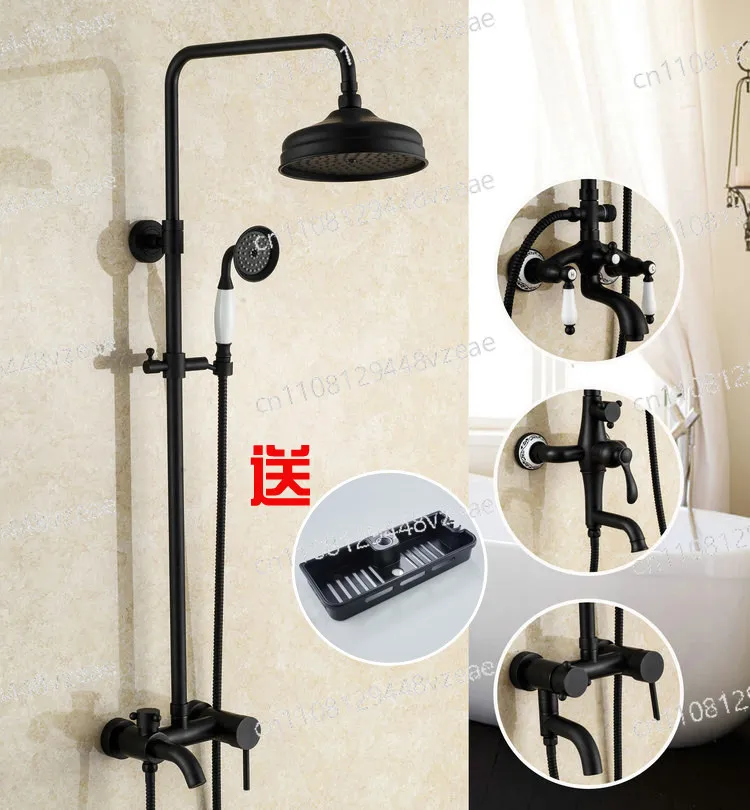 Full Copper Black Bathroom with Lift Shower Handheld Nozzle Rain Retro Hot and Cold Faucet