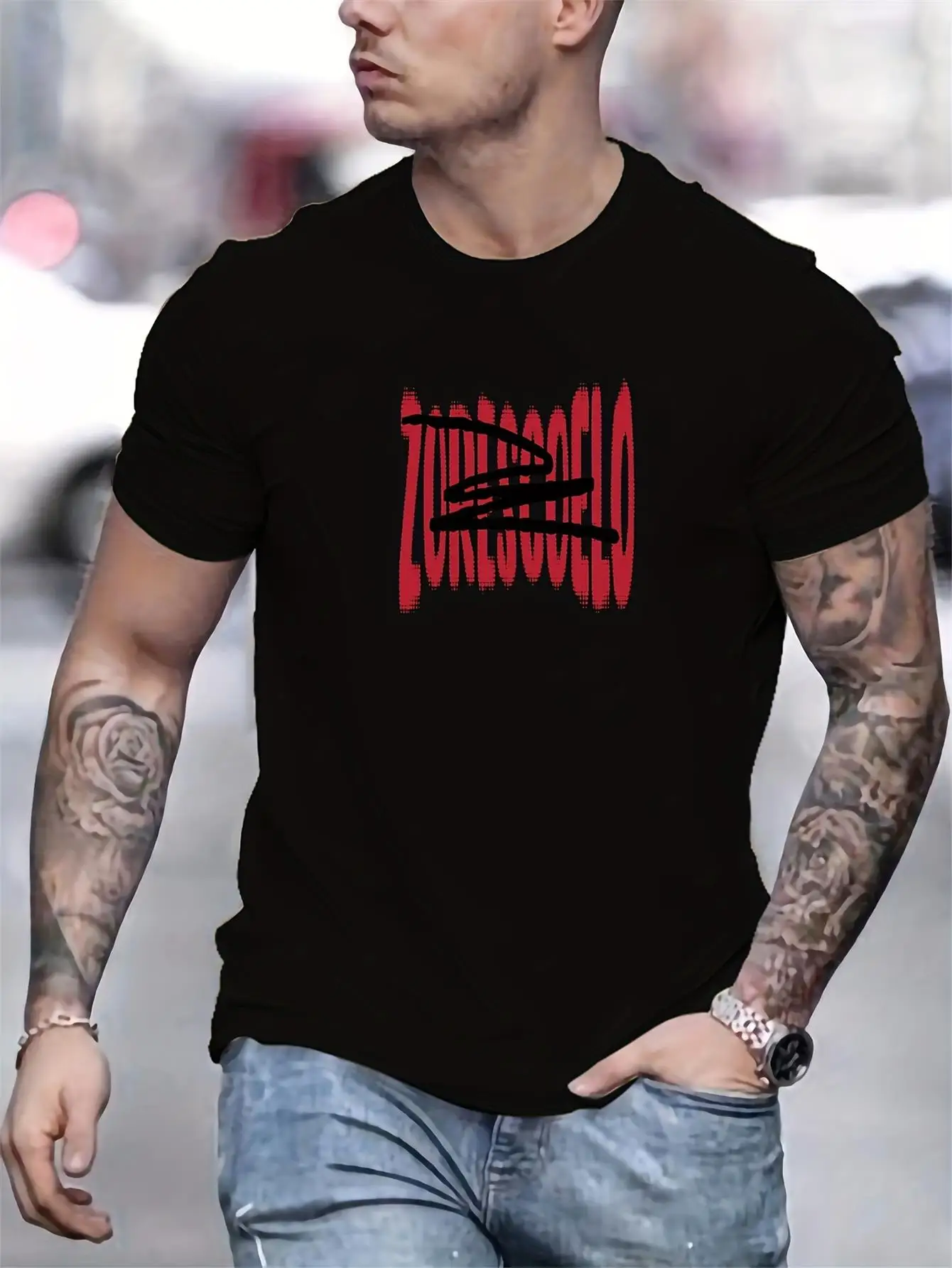Streetwear Men's Black Graphic T-Shirt Red Distressed Vertical Number Print Bold Typography Statement Design 100% Cotton Heavyweight Short Sleeve Casual Streetwear Tee