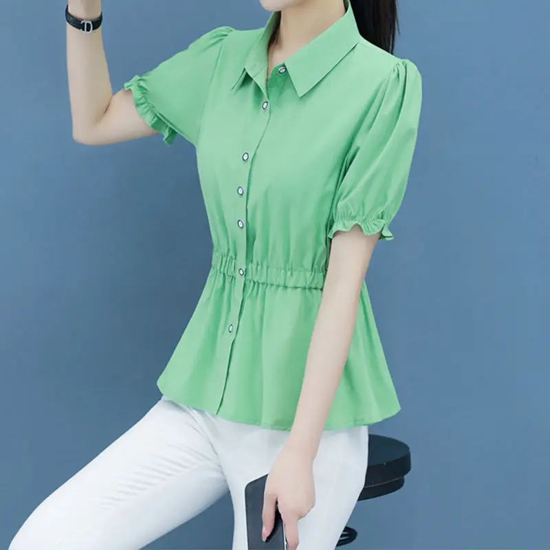 Women Summer Simplicity Slim Hollow Out Solid Color Polo-Neck Short Sleeve Shirts Women Clothes Casual All-match Lace Trend Tops