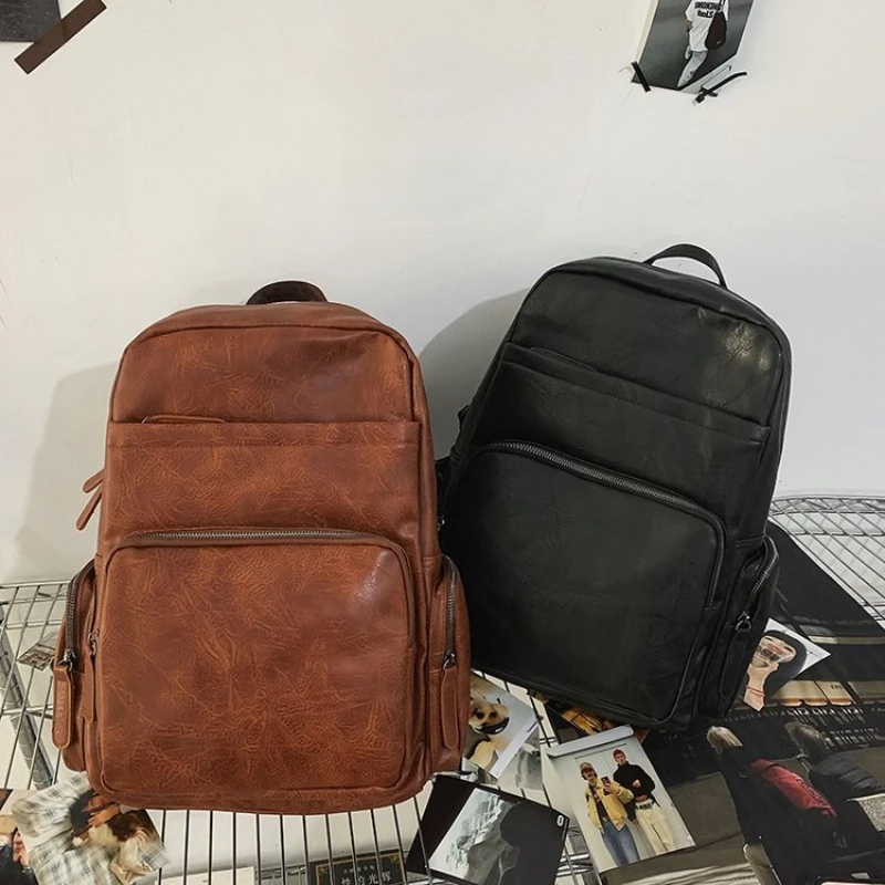 Vintage PU Leather Backpack Men Women Multifunctional Laptop Daypack Retro School Bag With Multiple Pockets Casual Travel Rucksa