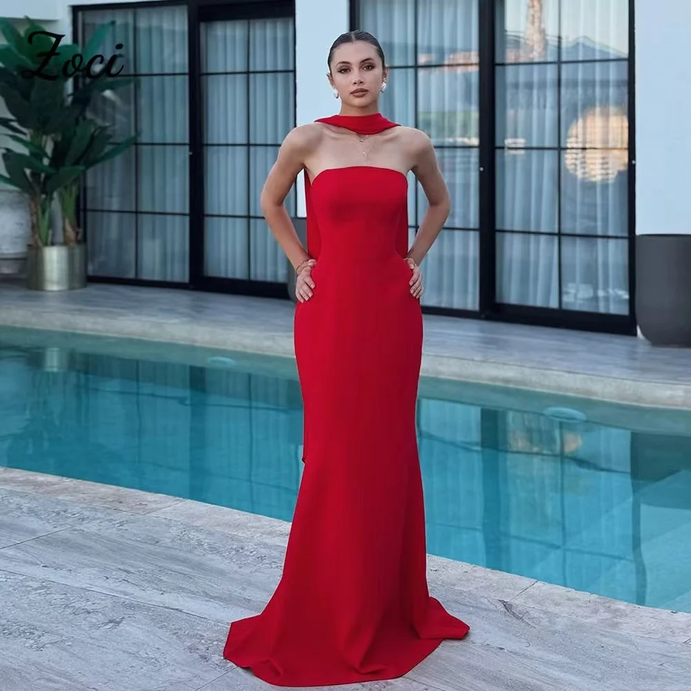 

Zoci Simple Red Mermaid Evening Gowns Customized Elastic Satin Strapless Women Formal Party Prom Dresses Bridesmaid Dress