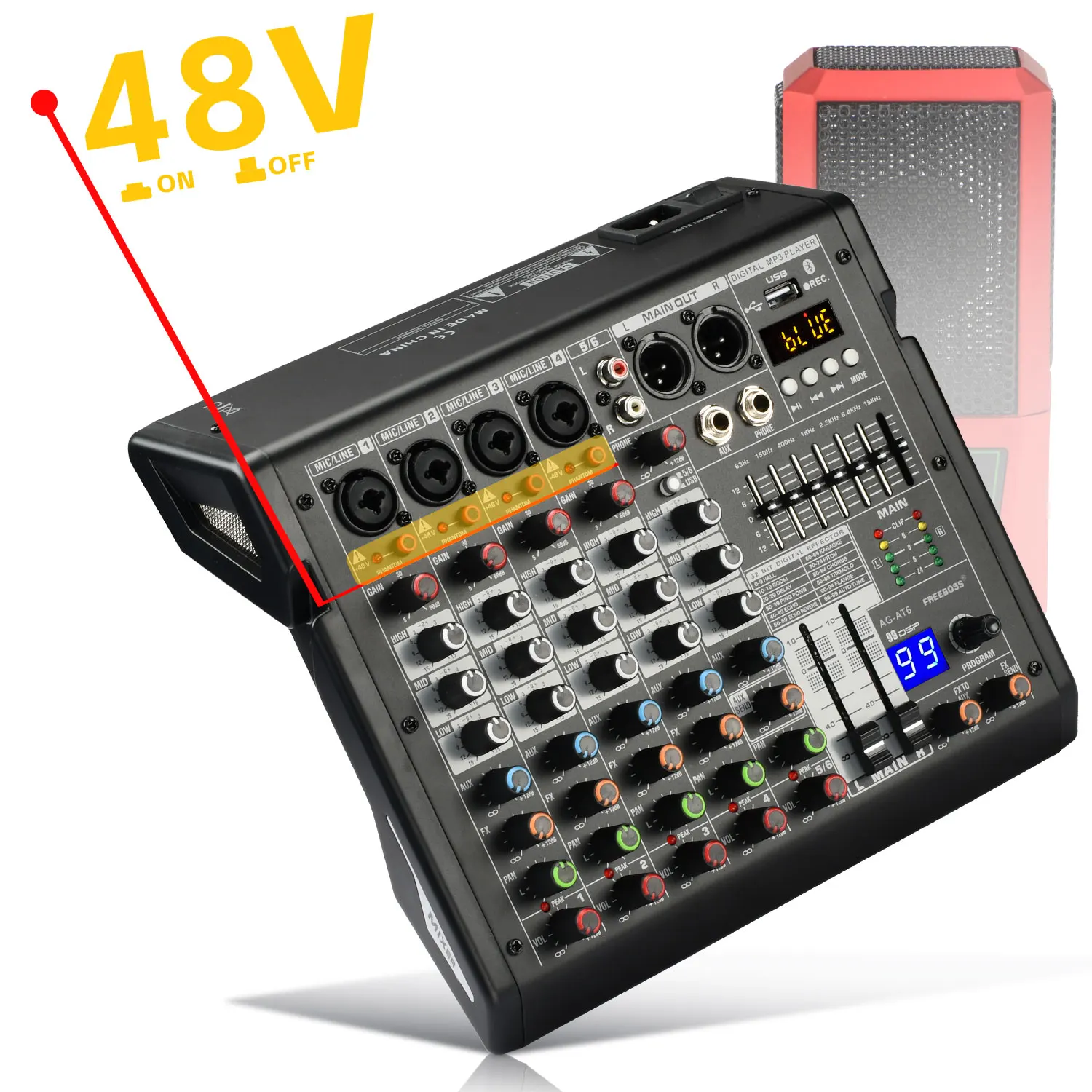 FREEBOSS 6 Channel 99 DSP Audio Mixer LED screen 48V Phantom Power Bluetooth 5.0 Play for House Party Mixing Console AG-AT6