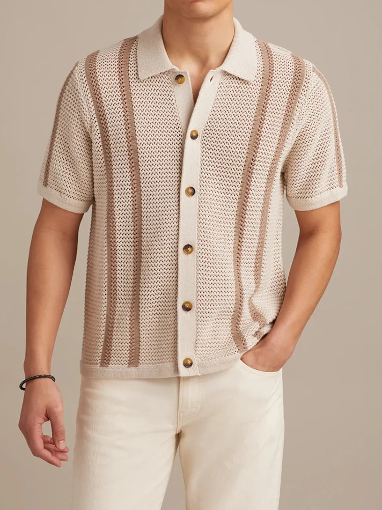 

Stylish Mens Striped Knitted Shirt Spring Summer Casual Buttoned Turn-down Collar Short Sleeve Shirts Men Daily Leisure Cardigan
