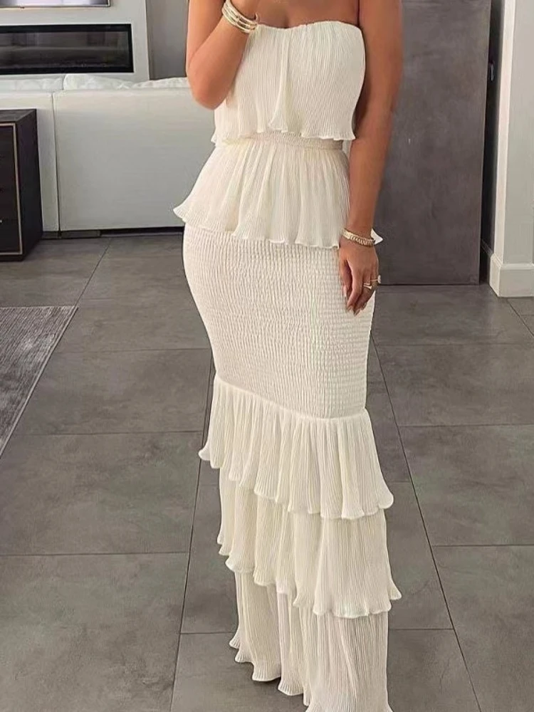 

Women Sexy Off Shoulder Long Dress Summer High Waist Pleated Slim Solid Fishtail Dresses Ladies Elegant Beach Long Robes