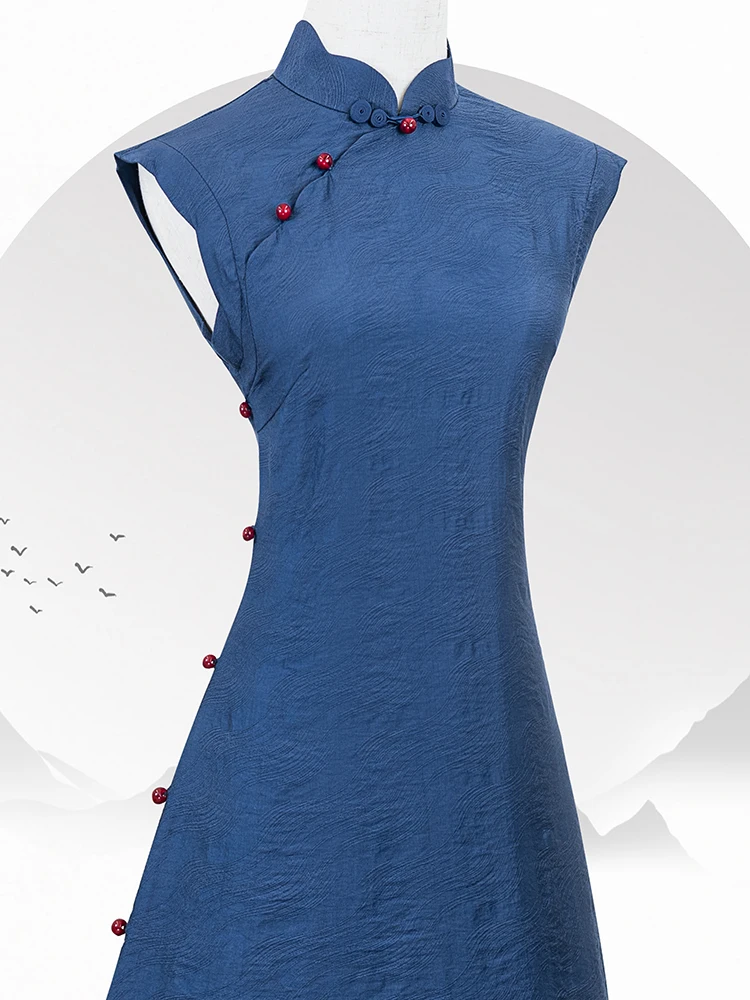 

Blue Vintage Sle Young Girl's Daily Svel High Collar Dr Petal Collar Traditional Chinese Costume Gown