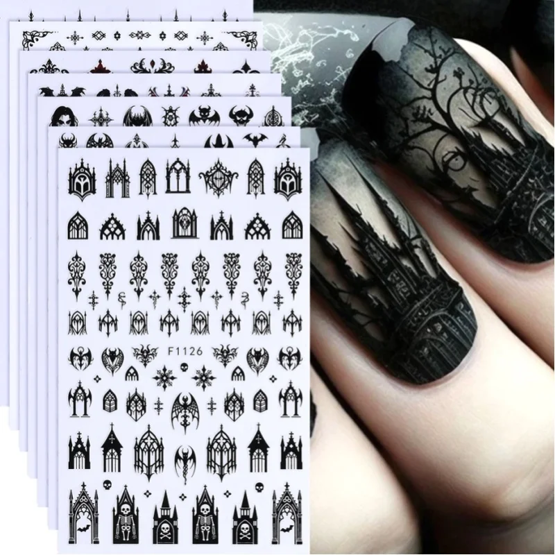 7/8 Stück 3D Gothic Schwarze Halloween-Nagelaufkleber Cooles Design Alphabet Buchstaben Spitze Schloss Totenkopf Y2K Maniküre-Dekorationszubehör