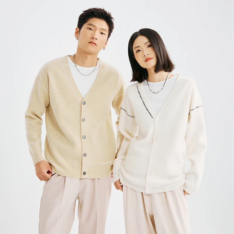 Loose H-shaped Couple Style 100% Merino Wool Sweater V-neck Long Sleeve Basic Cardigan Autumn And Winter Clothes Fashion Tops