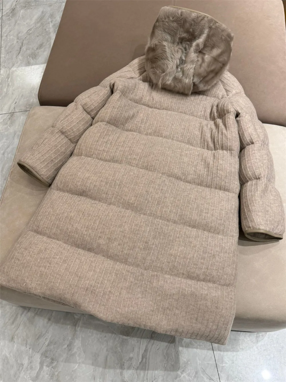 High-Quality Women\'s Hooded Goose Down Jacket Cashmere Knitted Fabric Warm Imported Lamb Wool Long Coat