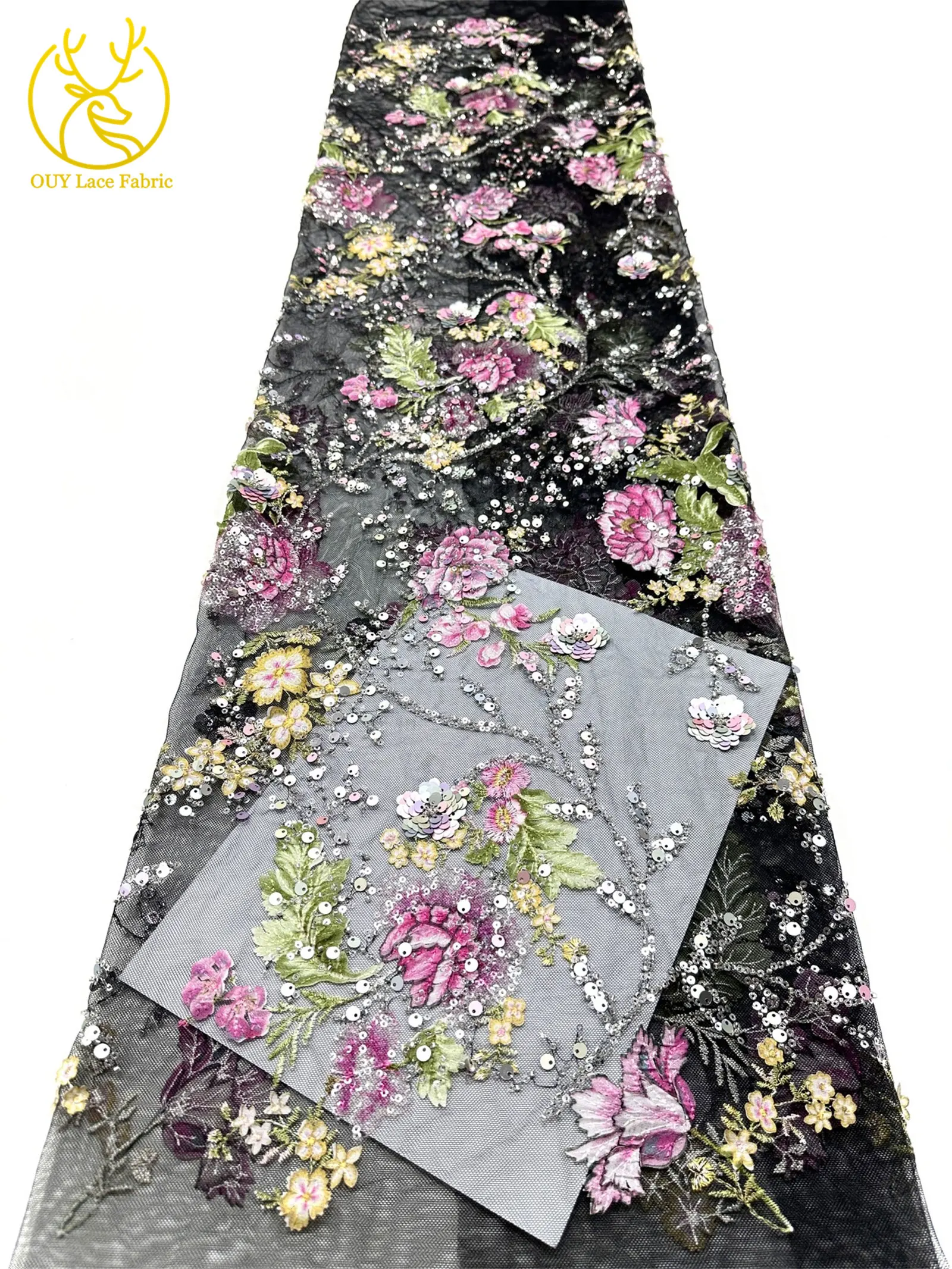 Elegante DIY handgemachte Stickerei-Blumenspitze, afrikanische Perlen-Spitze, französische Pailletten-Tüllspitze für Hochzeitskleid-Design – Detail 26